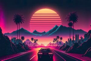 Cyberpunk landscape with retrowave and synthwave at sunset