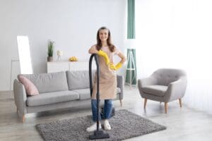 Housecleaning,Service.,Happy,Young,Maid,With,Vacuum,Cleaner,Standing,In