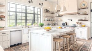 Bright, Modern Kitchen Interior with Marble Island and Pendant Lighting