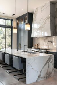 modern kitchen in luxury house with marble and black walls
